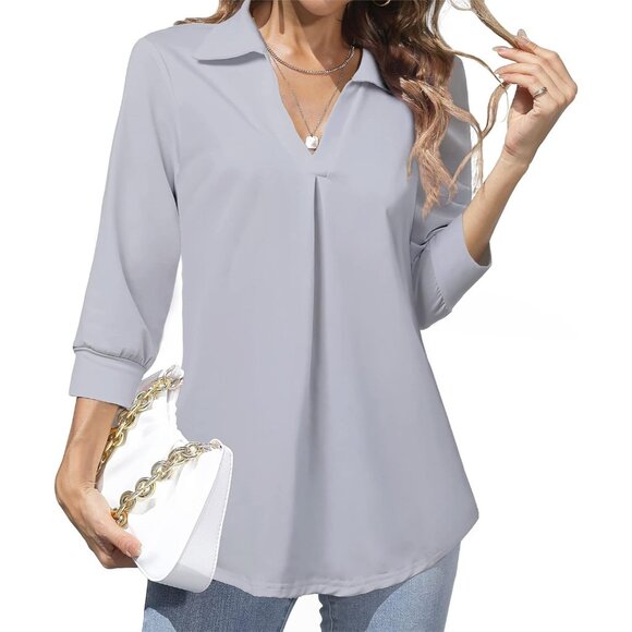 Women Grey Work Blouse Collared V Neck Shirt Loose Fit Top For Public Occasion - Picture 1 of 6